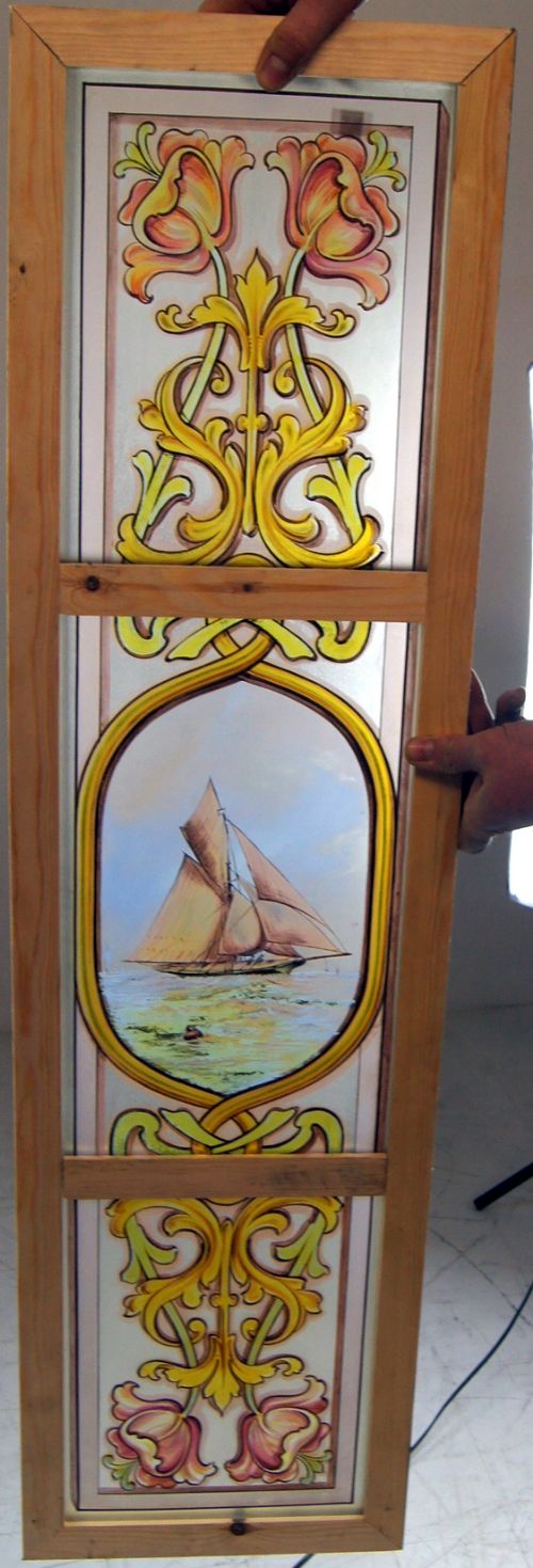 a good painted victorian window in 3 sections