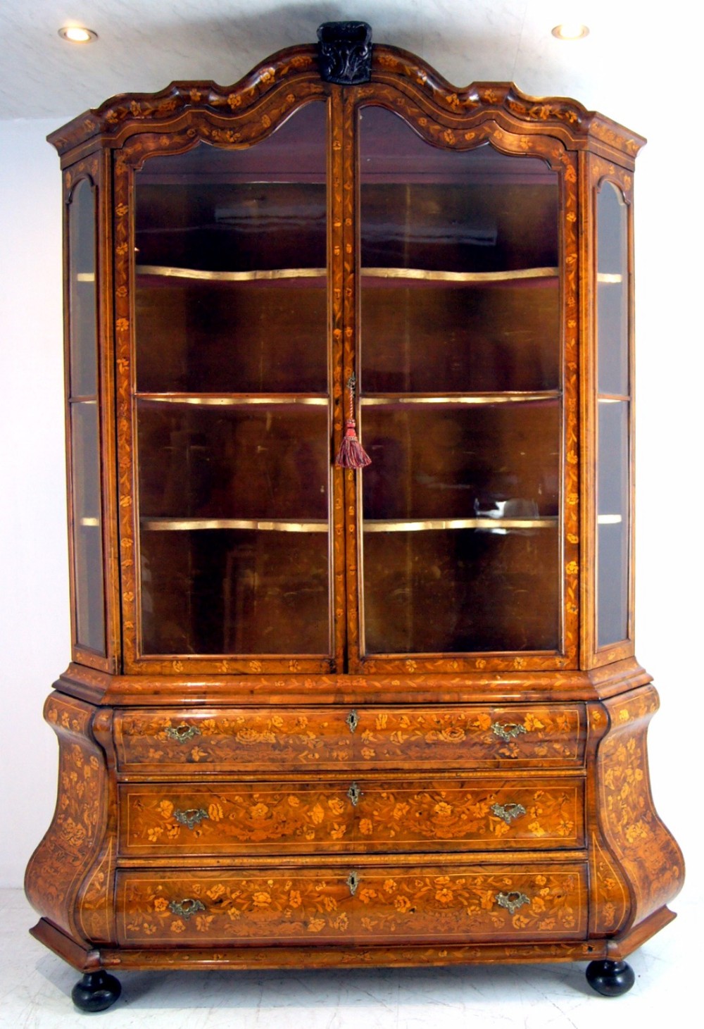 a breathtaking late 18th century dutch walnut marquetry display cabinet on chest
