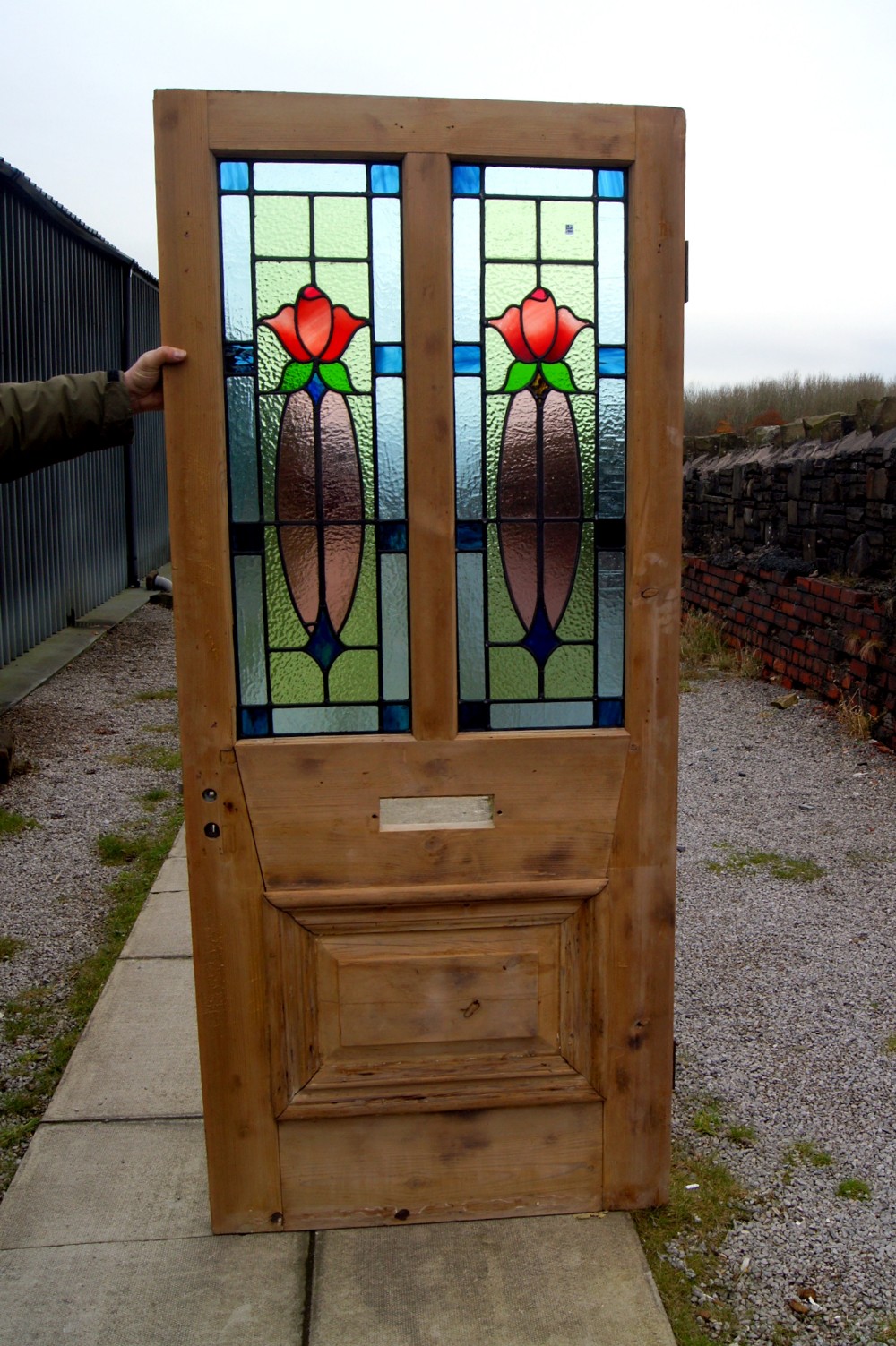 a stunning antique stripped pine leaded glass front door