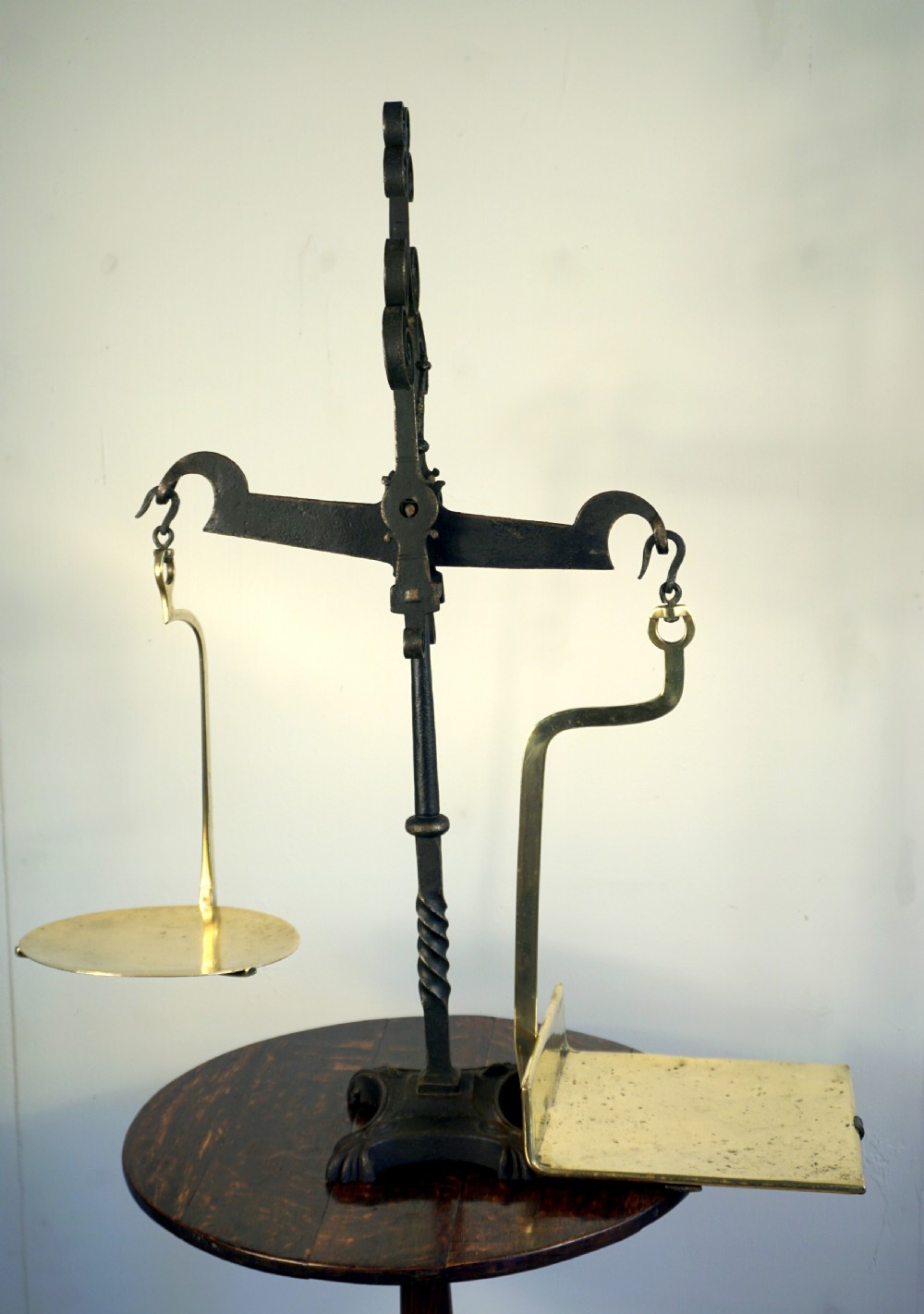an amazing hand forged wrought iron and brass set of early victorian scales