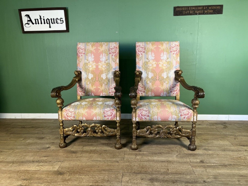 pair of solid walnut gilded armchairs