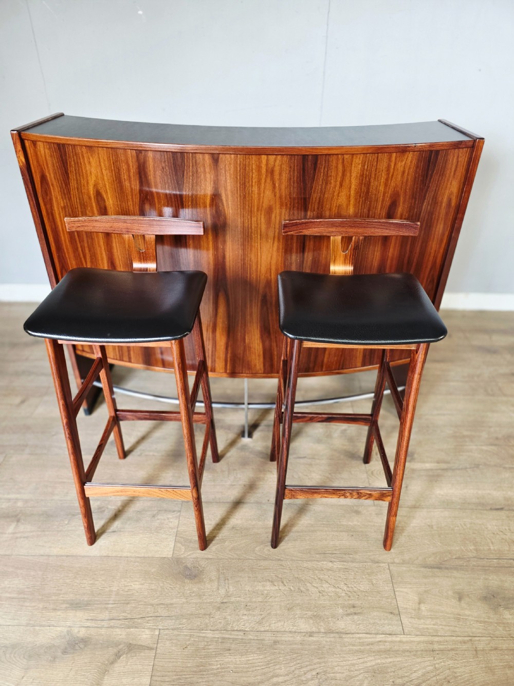 antique rosewood danish midcentury home bar with 2 stools by dyrlund