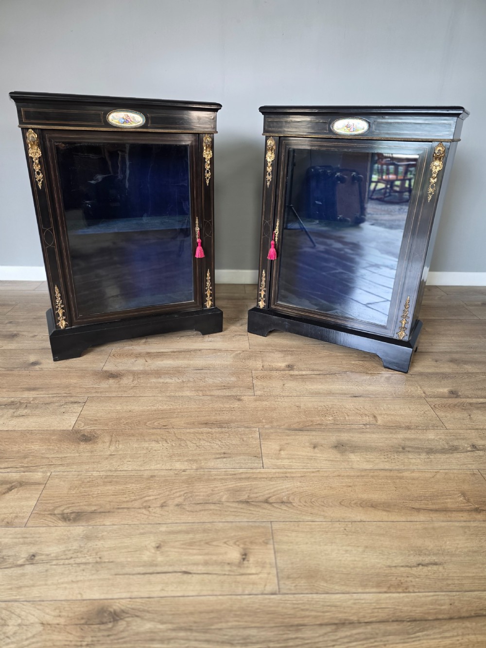 matching true pair of victorian ebonised pier cabinets