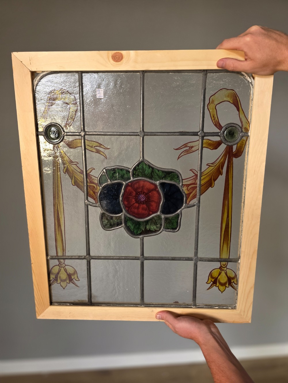 1900 antique leaded glass window with hand painted flowers swags and bullseyes