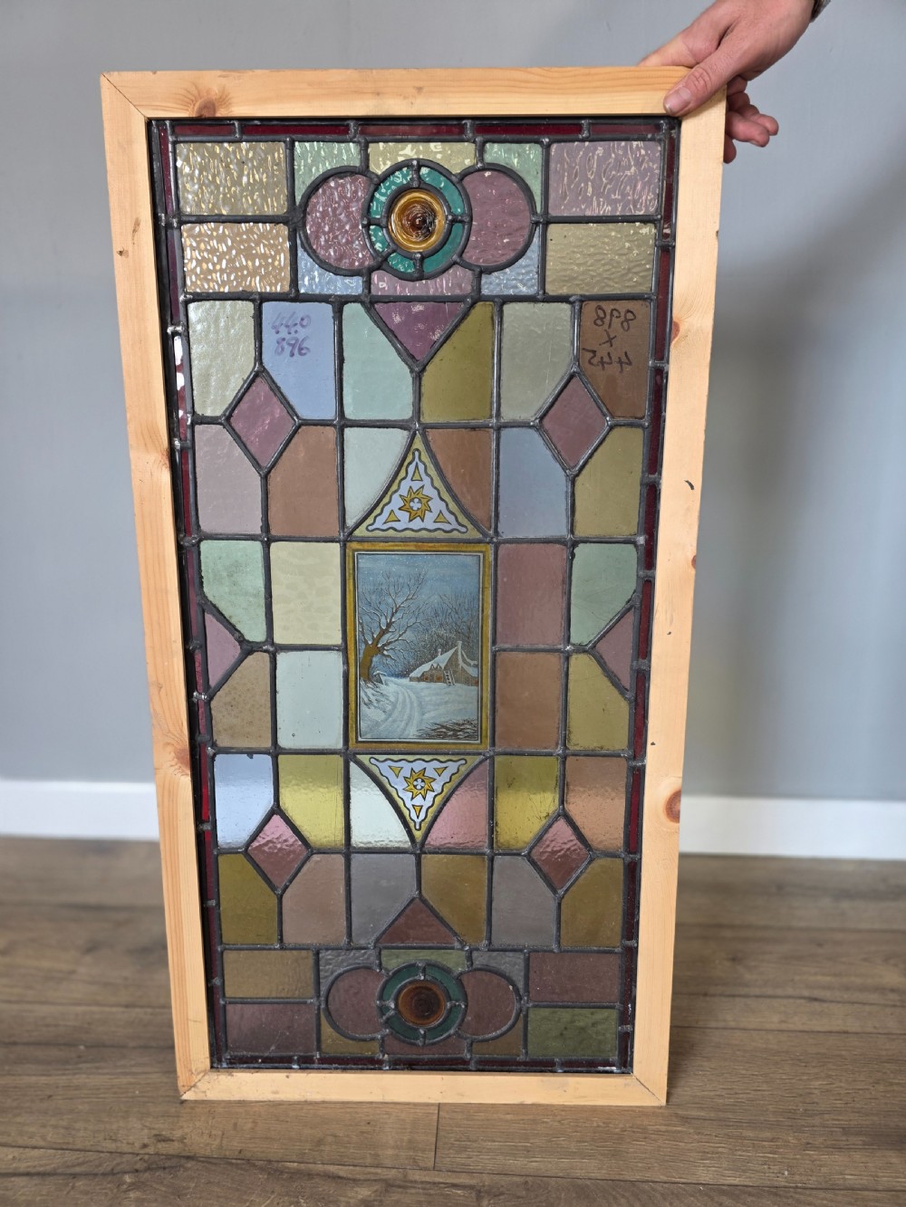1900 antique leaded glass window with hand painted winter scene