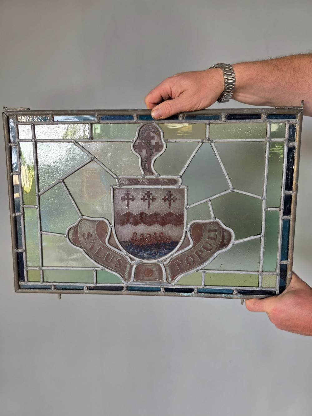 1880s antique victorian leaded glass window with hand painted lifeboat design