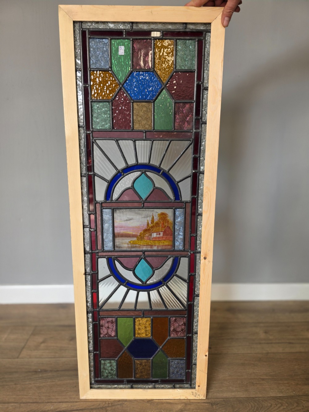 1900 antique leaded glass window with hand painted countryside scene