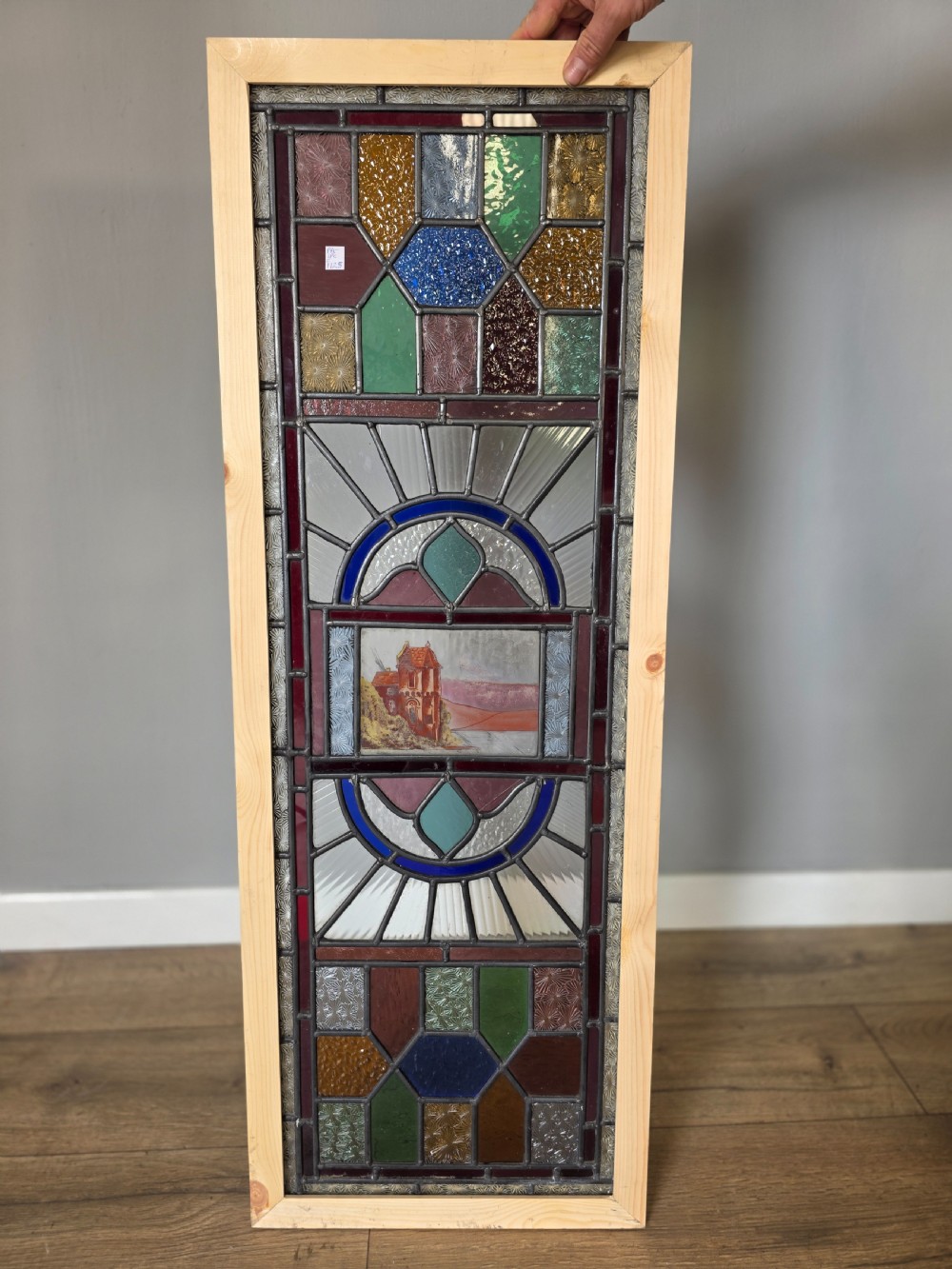 1900 antique leaded glass window with hand painted countryside scene design