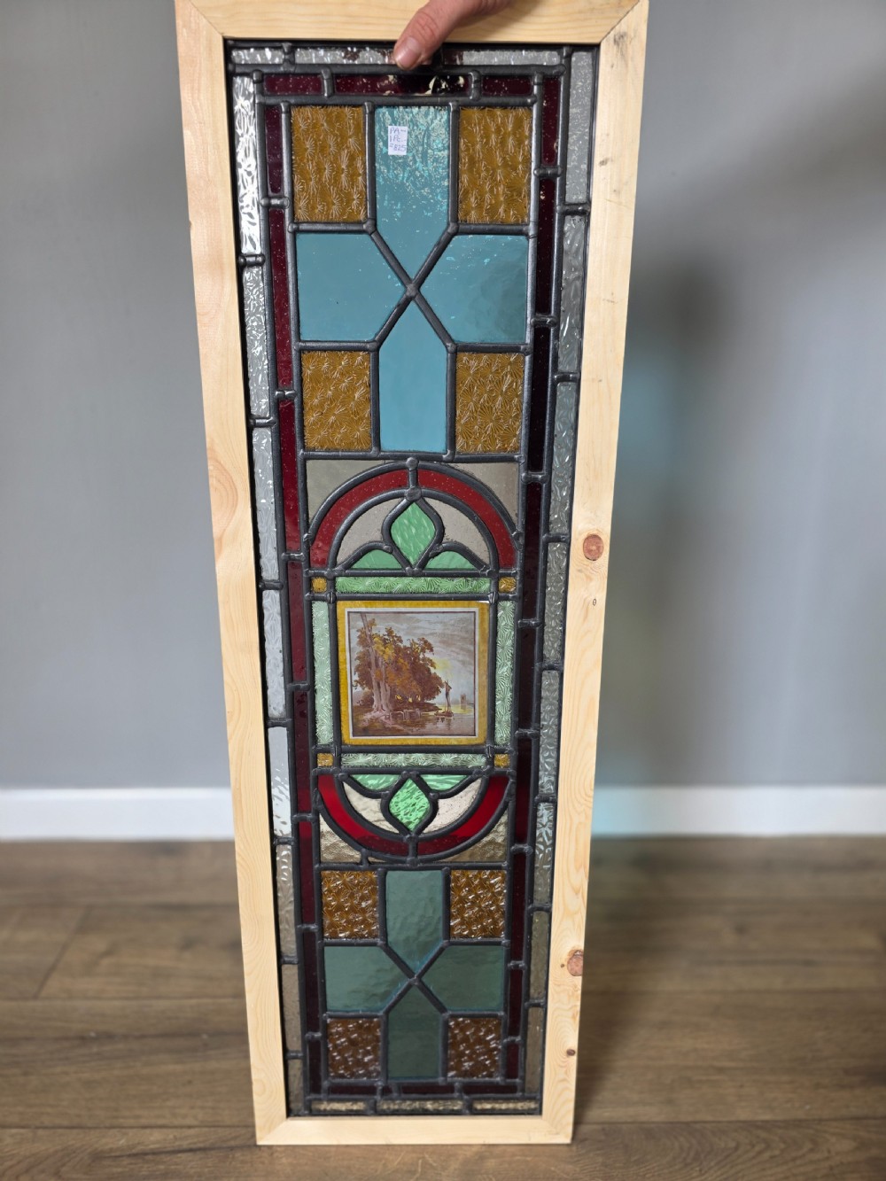 1900 antique leaded glass window with hand painted countryside and boat on a lake scene