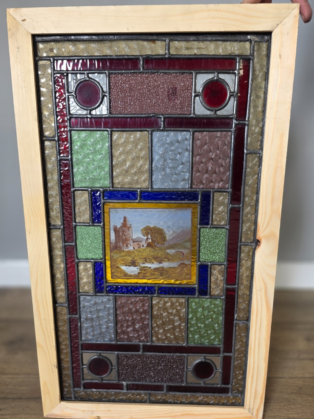 1900 antique leaded glass window with hand painted countryside with castle scene