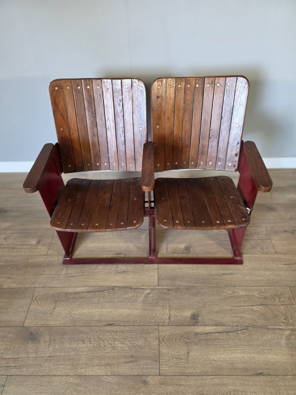 pair of metal and wood vintage folding cinema seats