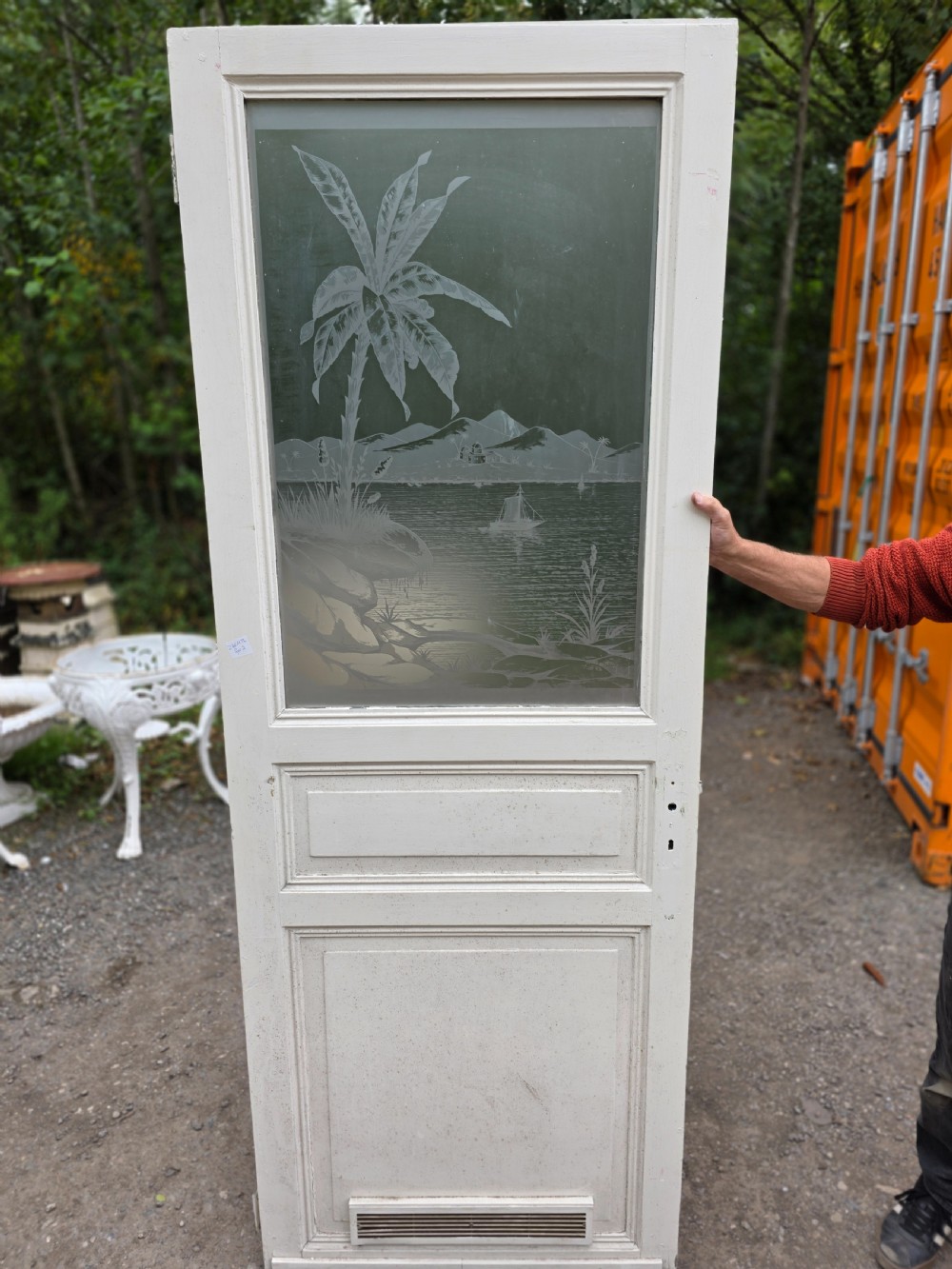 antique internal etched glass door with mediterranean scene