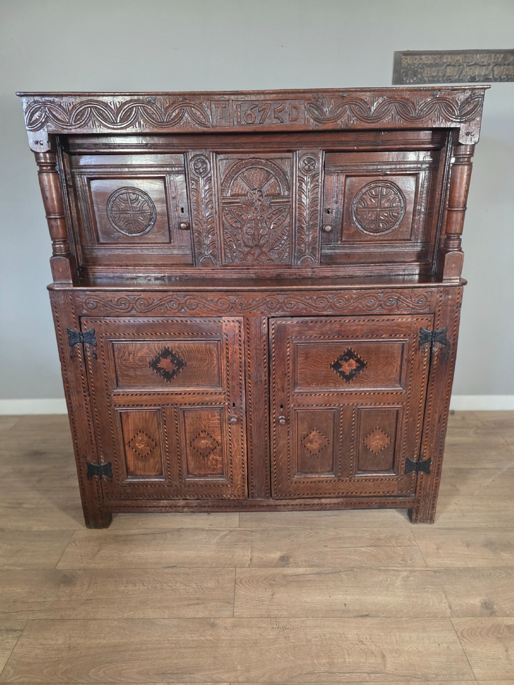 antique oak inlaid court cupboard