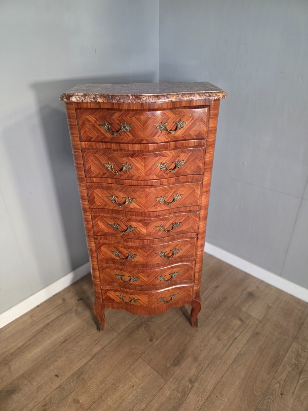 antique french inlaid marble top 7 drawer chest 1930s