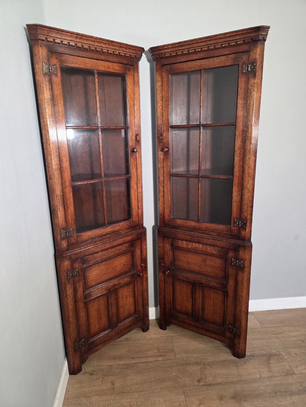 antique 1980s matching pair of solid oak titchmarch goodwin corner cupboards