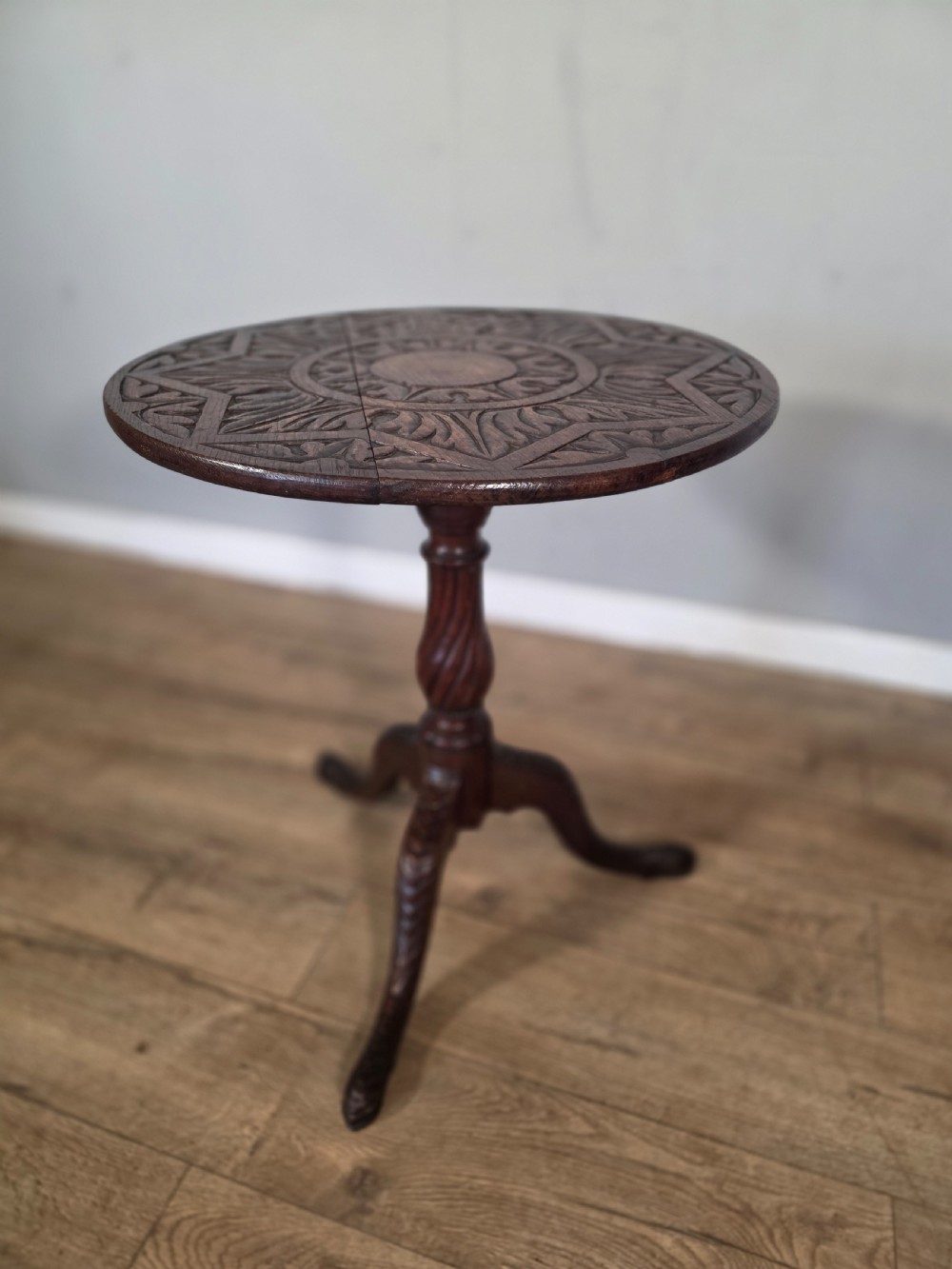 antique oak carved tilt top table 1840s