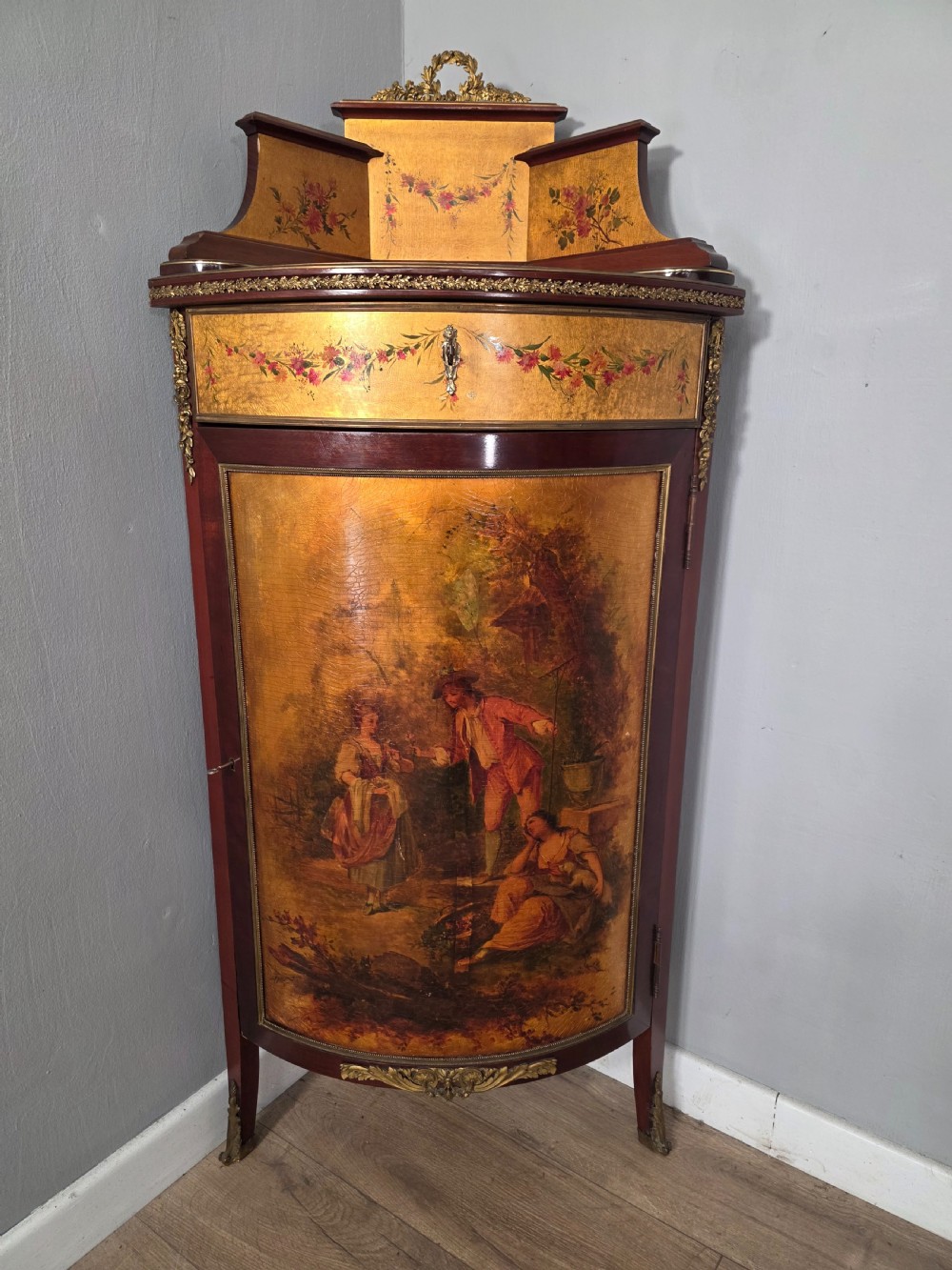 antique french vernis style martin style corner cupboard 1900s