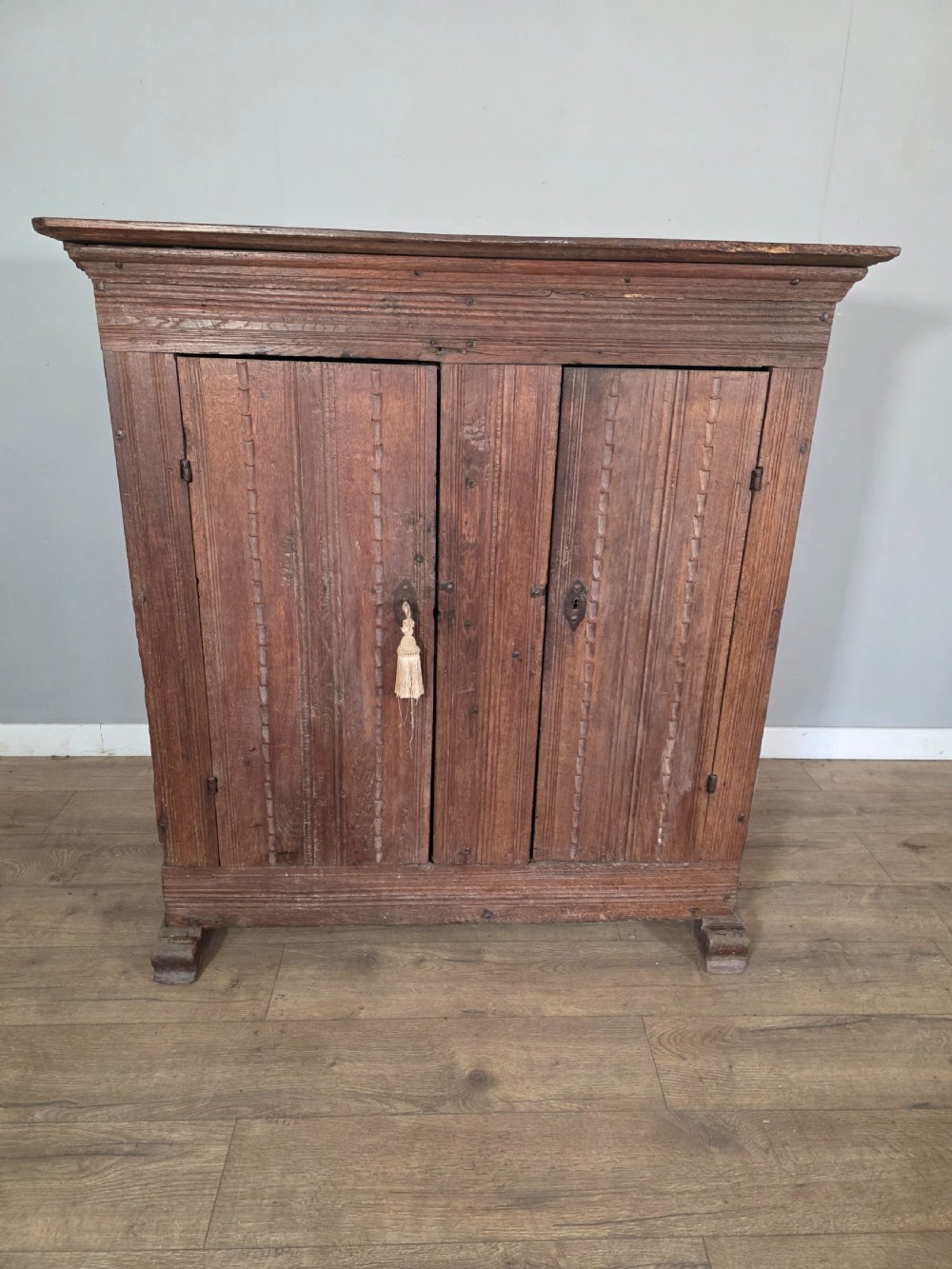antique 18th century primitive oak cupboard with original blacksmith lock hinges